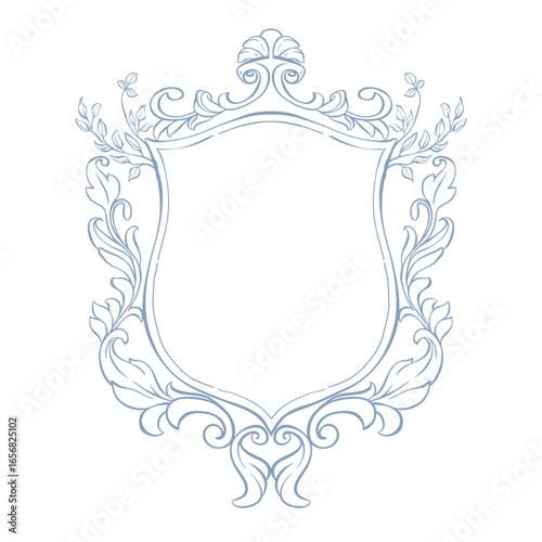 Wedding crest, monogram frame. Vintage baroque crest. Wedding frame with botanical leaf ornament. Victorian hand drawn monogram for wedding invitation, card, save the date. Luxury classic armorial.