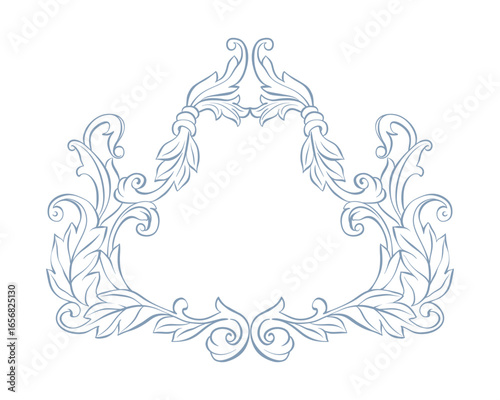 Baroque frame, wedding crest or monogram. Vintage frame with botanical ornament. Luxury Victorian design for wedding invitation, card, emblem, cover, banner, save the date. Hand drawn wedding crest.