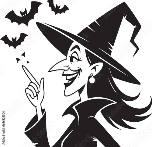 Witch with Pointing Finger and Flying Bats Halloween Illustration vector