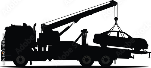 Tow Truck Lifting Car Silhouette on Transparent Background Black silhouette of vehicle recovery truck with car being lifted perfect for