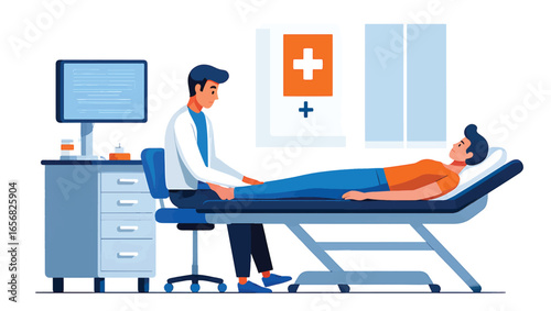 Professional doctor examining male patient during a routine medical check-up on an examination table in a modern clinic office, flat vector illustration.