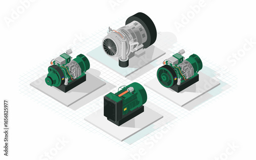 Isometric View of Electric Generators and a Turbine Engine, Perfect for Industrial Design, Power Generation or Alternative Energy Source Visualizations and Engineering Diagrams