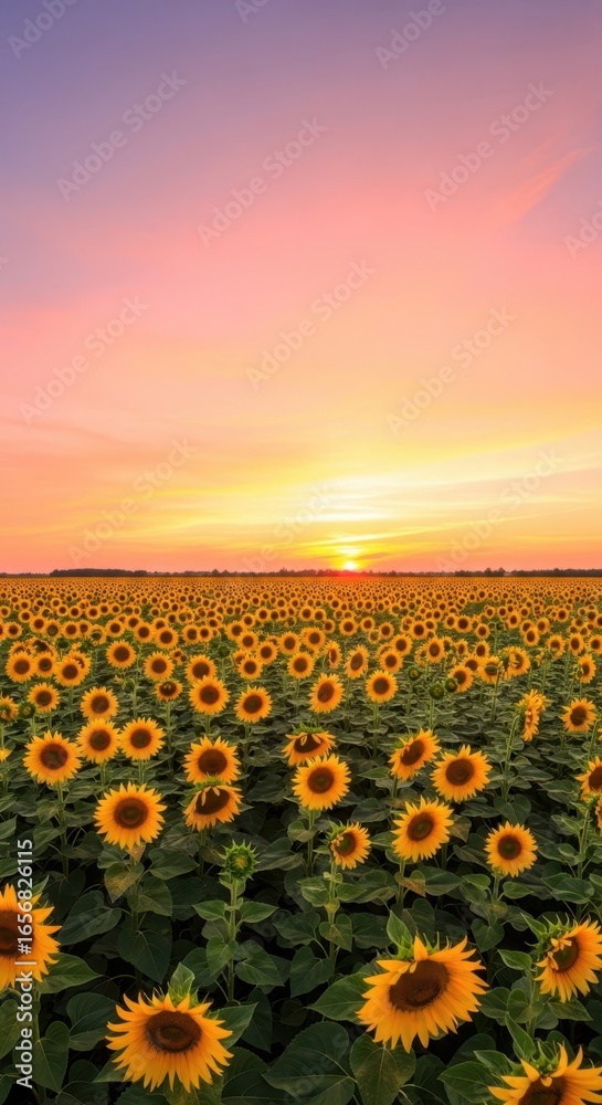 Fototapeta premium Vast sunflower field at sunset with vibrant orange and pink sky