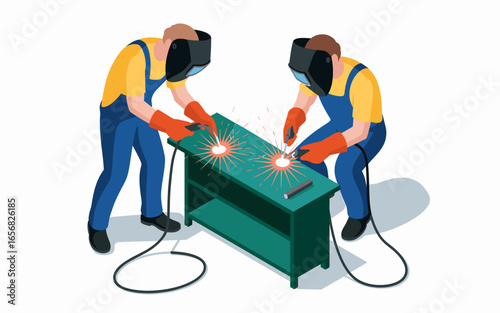 Professional Welders at Work: Isometric Vector Illustration of Two Skilled Workers Welding Metal at a Table in a Safe and Controlled Environment.