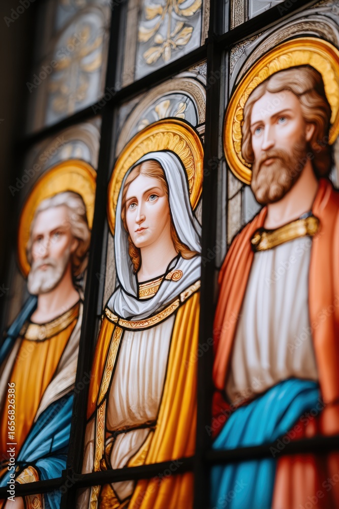 Fototapeta premium Stained glass window depicting praying saints in vibrant colors