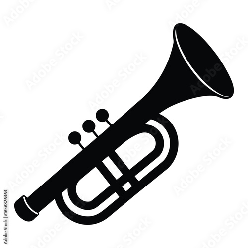 Black silhouette of a trumpet with three valves on a white background brass instrument musical instrument