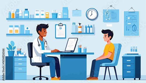 Doctor consulting with a patient in a medical office, illustration