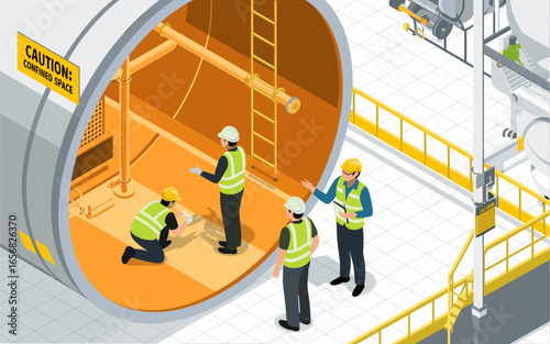 Confined Space Entry: Team of Workers Inspecting a Pipeline, Ensuring Safety and Compliance, Utilizing Ladders and Safety Equipment for a Thorough Assessment