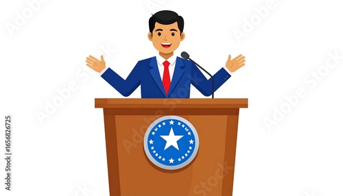 Politician giving speech with podium.