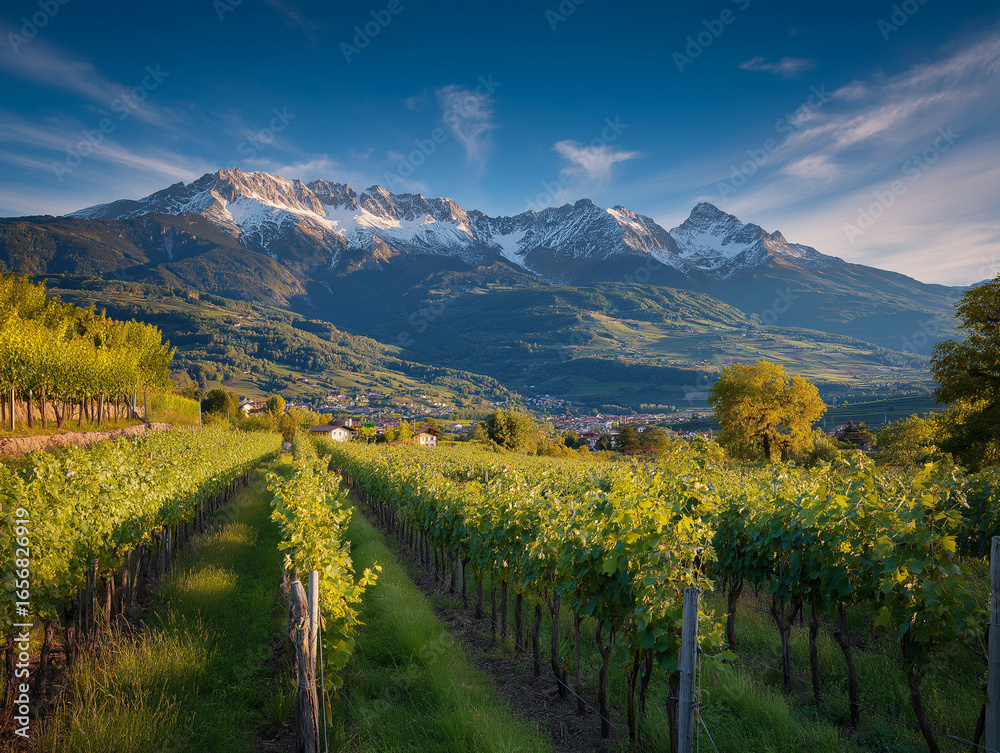 Naklejka premium image of the wine region of south tyrol with the alps an dolimites in the background,
