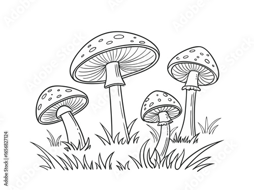 Hand-drawn outline mushroom illustration vector, fly agaric toadstool clipart, botanical forest fungi drawing, poisonous mushroom artwork for nature design