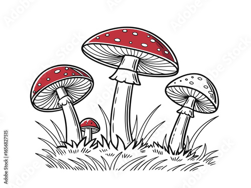Hand-drawn red mushroom illustration vector, fly agaric toadstool clipart, botanical forest fungi drawing, poisonous mushroom artwork for nature design