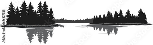 Serene Lake Landscape with Forest Reflection Silhouette on Transparent Background