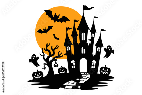 halloween Haunted Castle Silhouette with Bats and Pumpkins