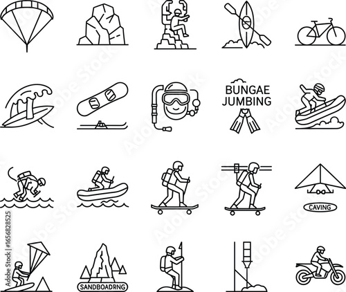 Extreme adventure sports icons, outdoor activity line symbols, minimal vector illustrations, hiking, surfing, climbing, diving, biking, and more