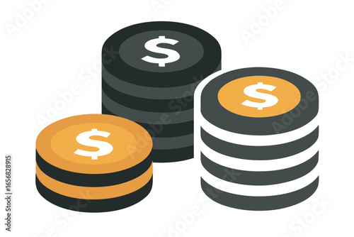 Two stacks of coins graphic with financial and currency elements