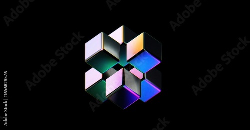 Geometric abstract cube, featuring iridescent colors and a unique design. The artwork has a modern, artistic feel, perfect for creative projects.
