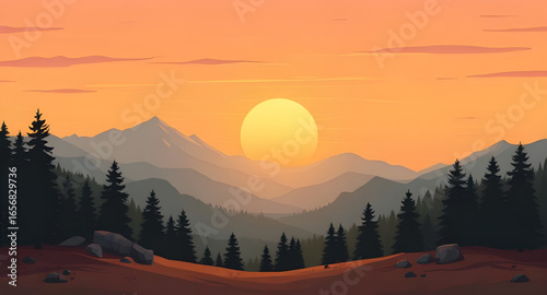 sunset in hills painting, mountain range sunset, mountain silhouette sunset, orange sky mountains, sunset valley art, scenic mountain sunset, sunset over cliffs art, sunset ridge painting, pink sky mo