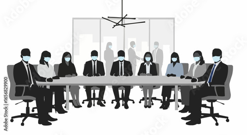Coworkers gathered at a meeting wearing masks silhouette on white background