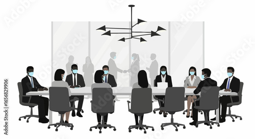 Coworkers gathered at a meeting wearing masks silhouette on white background