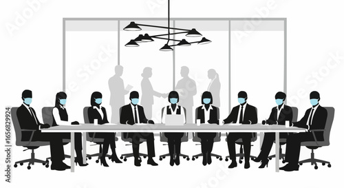 Coworkers gathered at a meeting wearing masks silhouette on white background