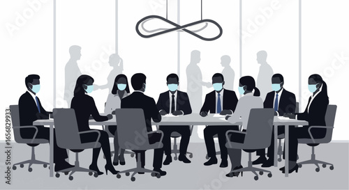 Coworkers gathered at a meeting wearing masks silhouette on white background