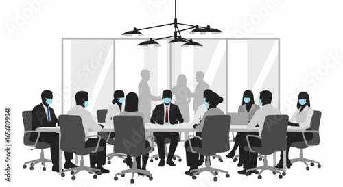Coworkers gathered at a meeting wearing masks silhouette on white background