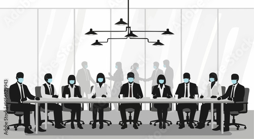 Coworkers gathered at a meeting wearing masks silhouette on white background