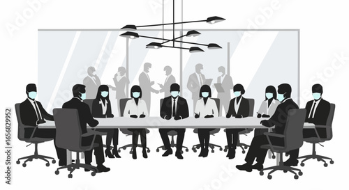 Coworkers gathered at a meeting wearing masks silhouette on white background