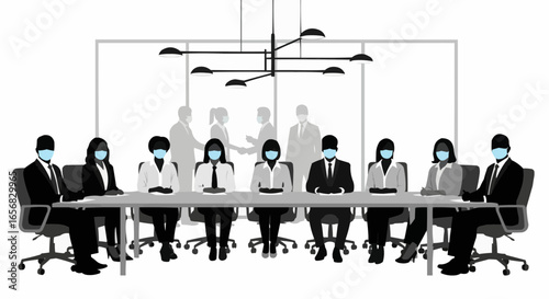 Coworkers gathered at a meeting wearing masks silhouette on white background