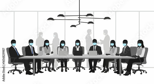 Coworkers gathered at a meeting wearing masks silhouette on white background