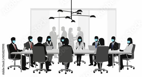 Coworkers gathered at a meeting wearing masks silhouette on white background