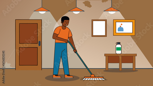 A male cleaner mopping floor, focused mood, maintaining cleanliness in indoor space, warm lighting