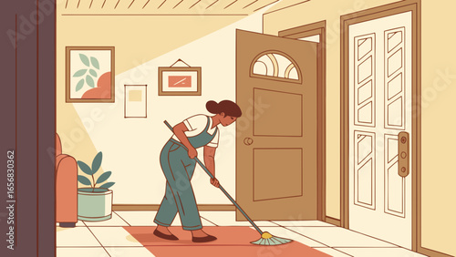 A female cleaner mopping floor, focused mood, maintaining cleanliness in home entryway, warm indoor setting