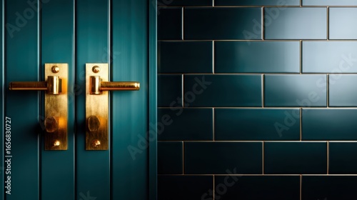 A close-up view of an intricate gold door handle against a dark green tiled wall highlighting the sophistication and elegance of contemporary interior design.