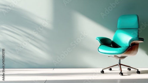 A modern teal swivel chair stands elegantly against a soft pastel wall, showcasing its sleek design and comfort in a minimalistic setting perfect for contemporary interiors.