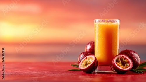 The image depicts fresh passion fruit juice in a glass, surrounded by whole passion fruits, showcasing the exotic vibe and freshness of tropical drinks.