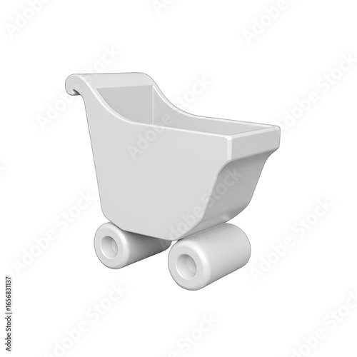 Solid white cart with wheels against a black background.