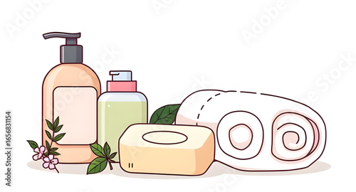 cartoon spa cosmetics, wellness products cartoon, beauty kit cartoon, cartoon toiletry set, hygiene products cartoon, travel cosmetics cartoon, personal care cartoon, cartoon cosmetic pouch, grooming 