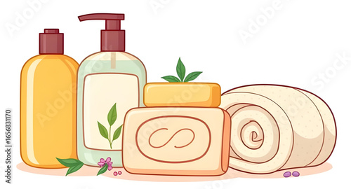 cartoon skincare packaging, cleanser bottle cartoon, toner cartoon, serum bottle cartoon, lip balm cartoon, face mask cartoon, cucumber mask cartoon, body butter cartoon, spa products cartoon, cartoon