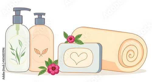 skincare set cartoon, beauty set cartoon, cartoon skincare packaging, cleanser bottle cartoon, toner cartoon, serum bottle cartoon, lip balm cartoon, face mask cartoon, cucumber mask cartoon, body but