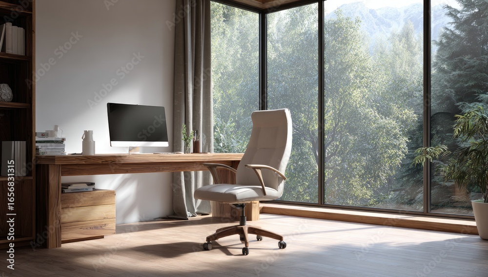 Fototapeta premium Modern home office with mountain view