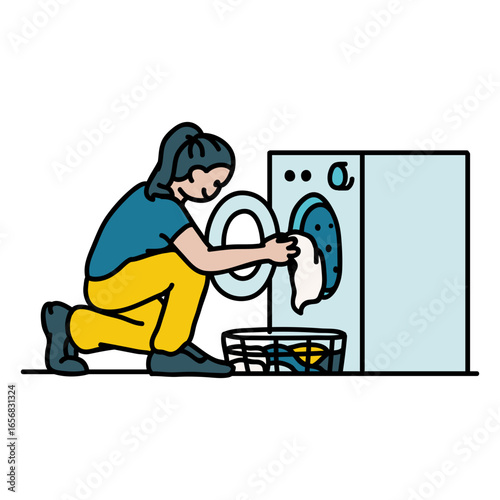 Woman is putting clothes into a washing machine