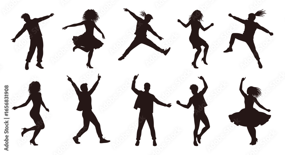 Obraz premium Silhouette illustrations of people dancing and jumping with joyful expressions and energetic poses shown