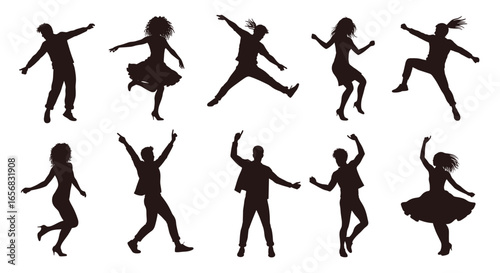 Silhouette illustrations of people dancing and jumping with joyful expressions and energetic poses shown