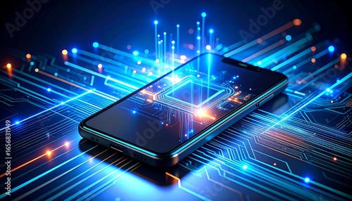 Futuristic Mobile Phone Illustration with Circuit Board and Glowing Light Effect