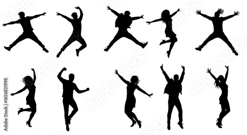 Silhouettes of several people jumping and raising their arms in the air with joy and excitement shown