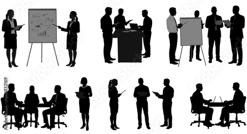 Silhouette depictions of business professionals engaged in various office activities and meetings