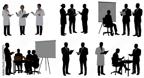 Silhouettes of doctors and business people in meetings and presentations with documents and discussion