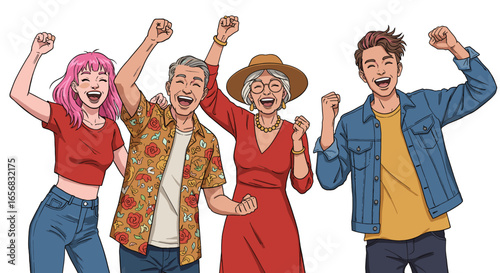 Illustration of four cheerful people with arms raised celebrating a victory together and smiling widely